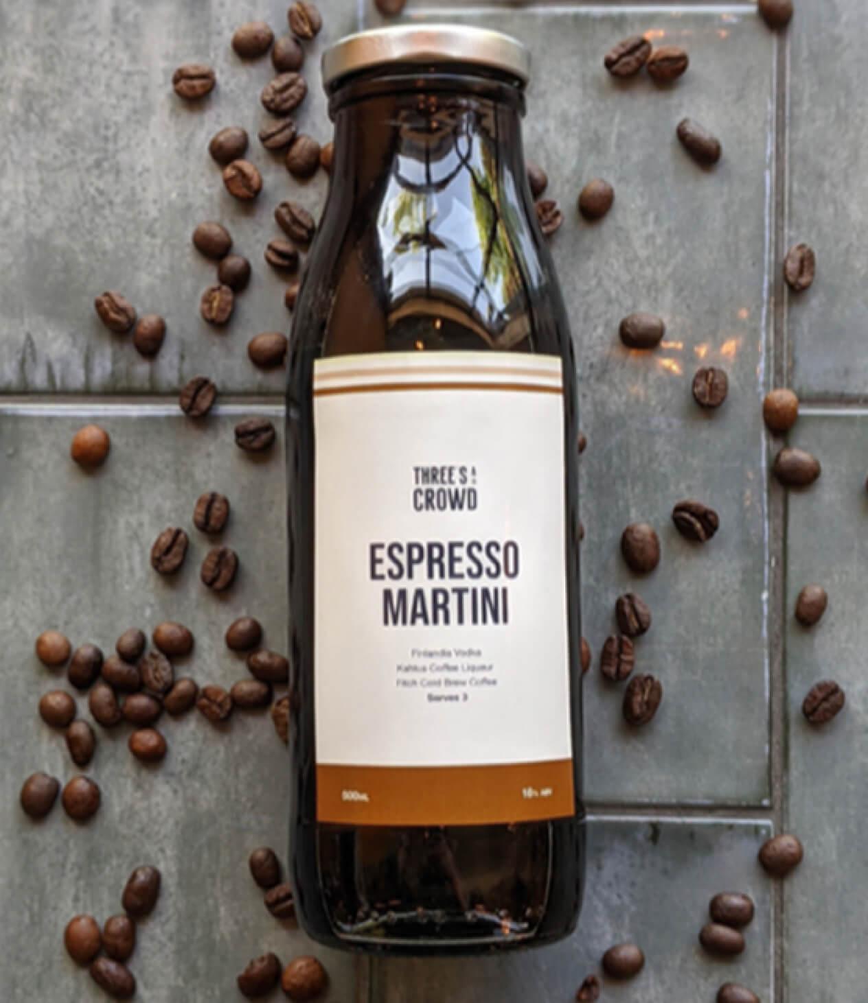 Three's A Crowd branded Espresso Martini cocktail label