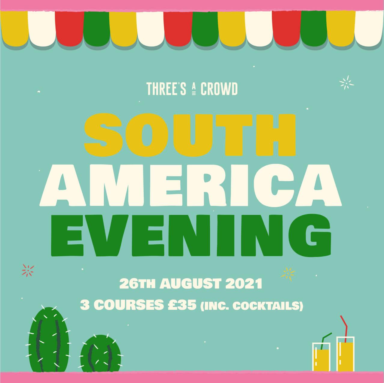 Three's A Crowd South America Evening social media asset design