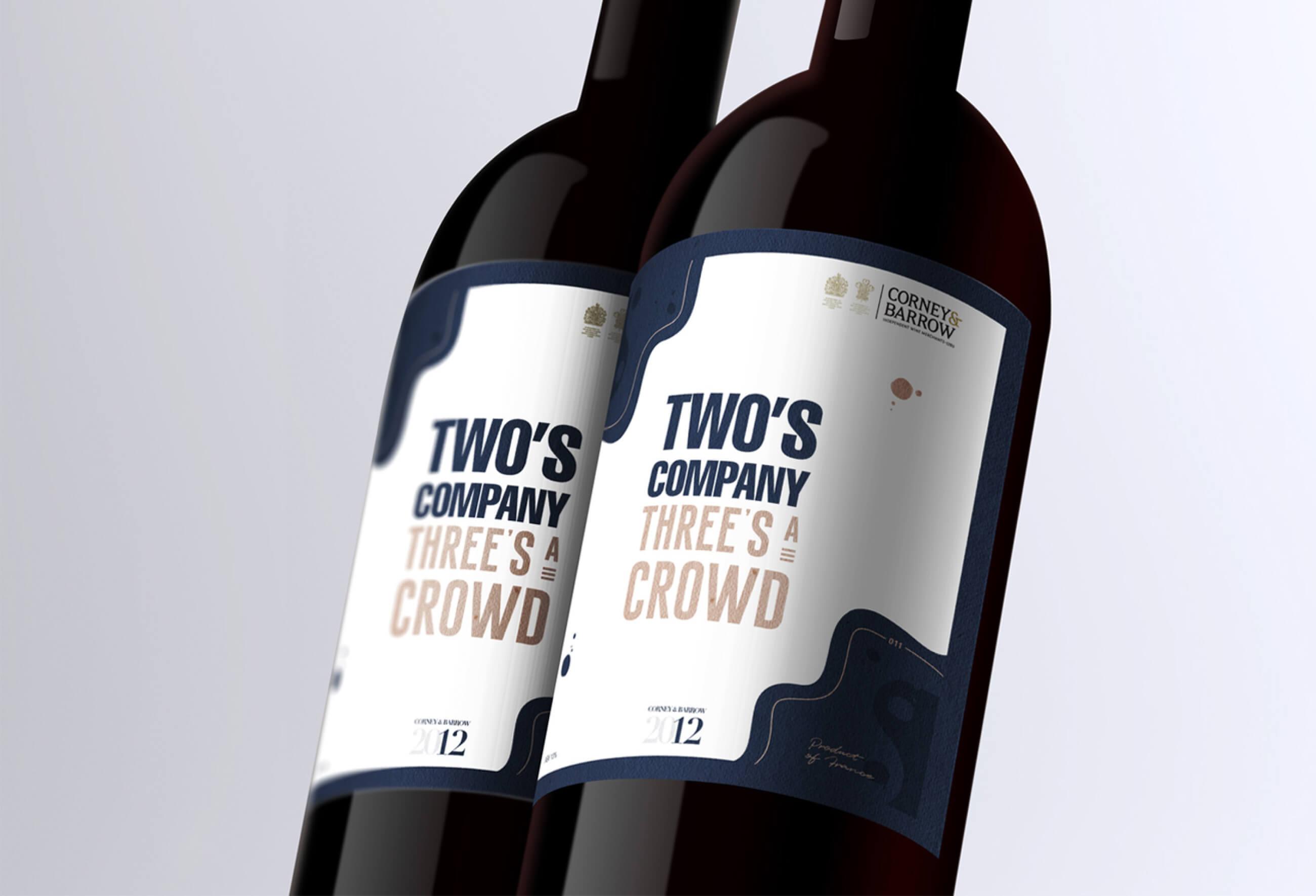 Three's A Crowd branded wine label