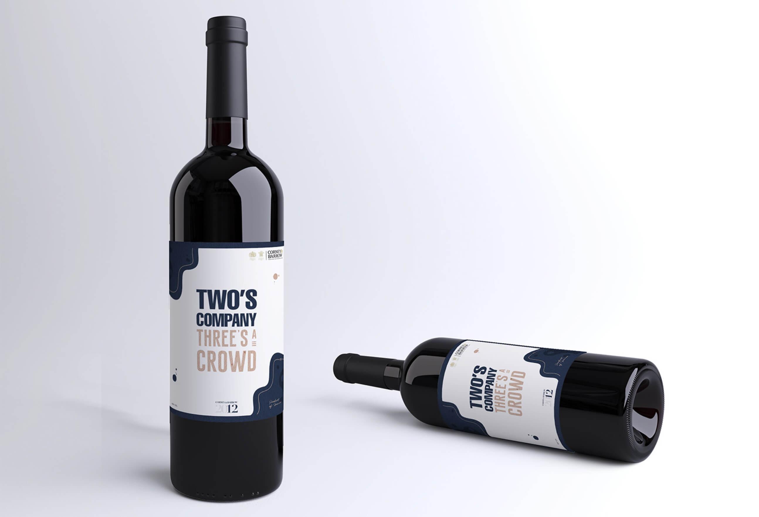 Three's A Crowd branded wine label